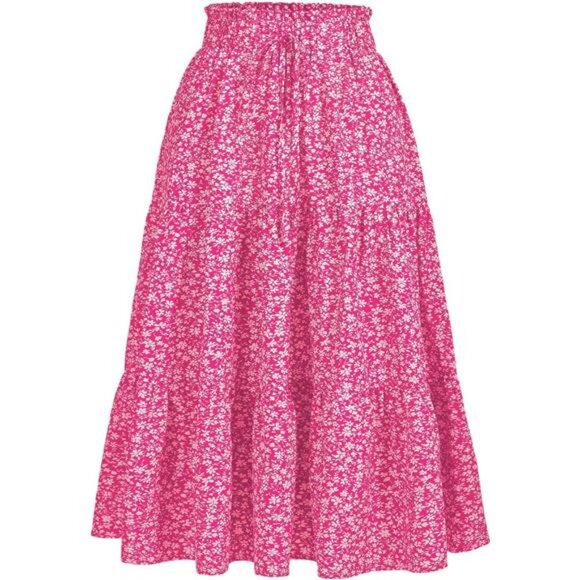Women's High Elastic Waist Midi Skirt Pink2 - Picture 1 of 4
